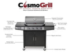 CosmoGrill Pro Deluxe 5 Gas Burner 4+1 Barbecue Grill, Steel Warming Rack, Side-Burner