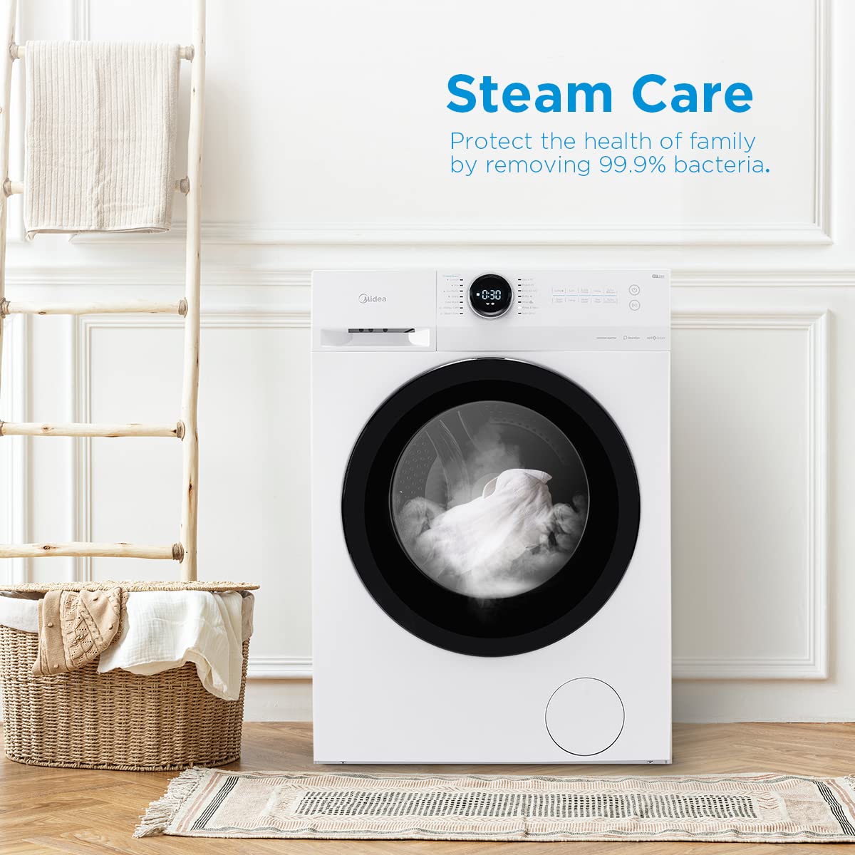Midea MF200W70B/E Freestanding Washing Machine, BLDC Motor, Bright LED Display, Health Guard, Steam