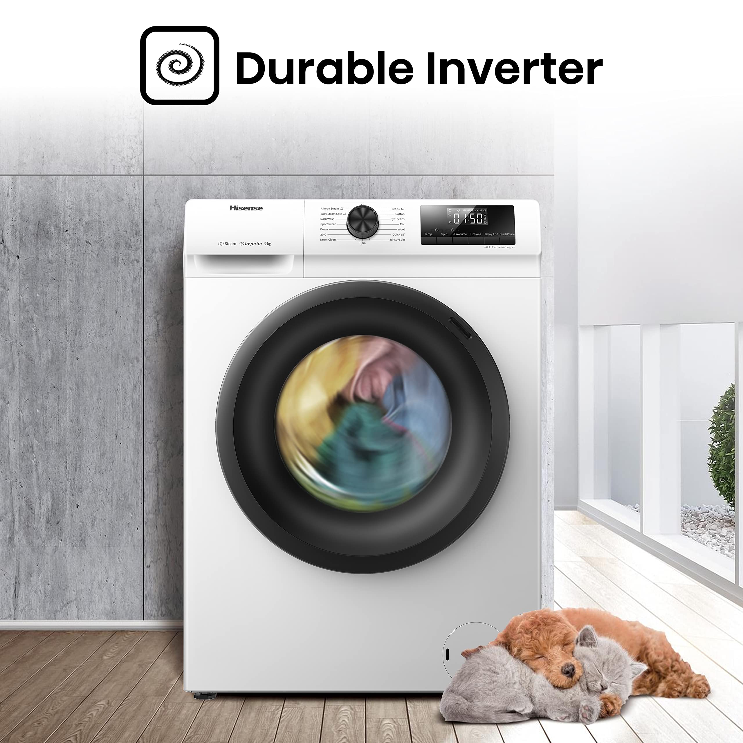 Hisense-WFQP9014EVM-Freestanding-9 KG-Front Load Washing Durable Inverter Machine-Steam Wash-Quick