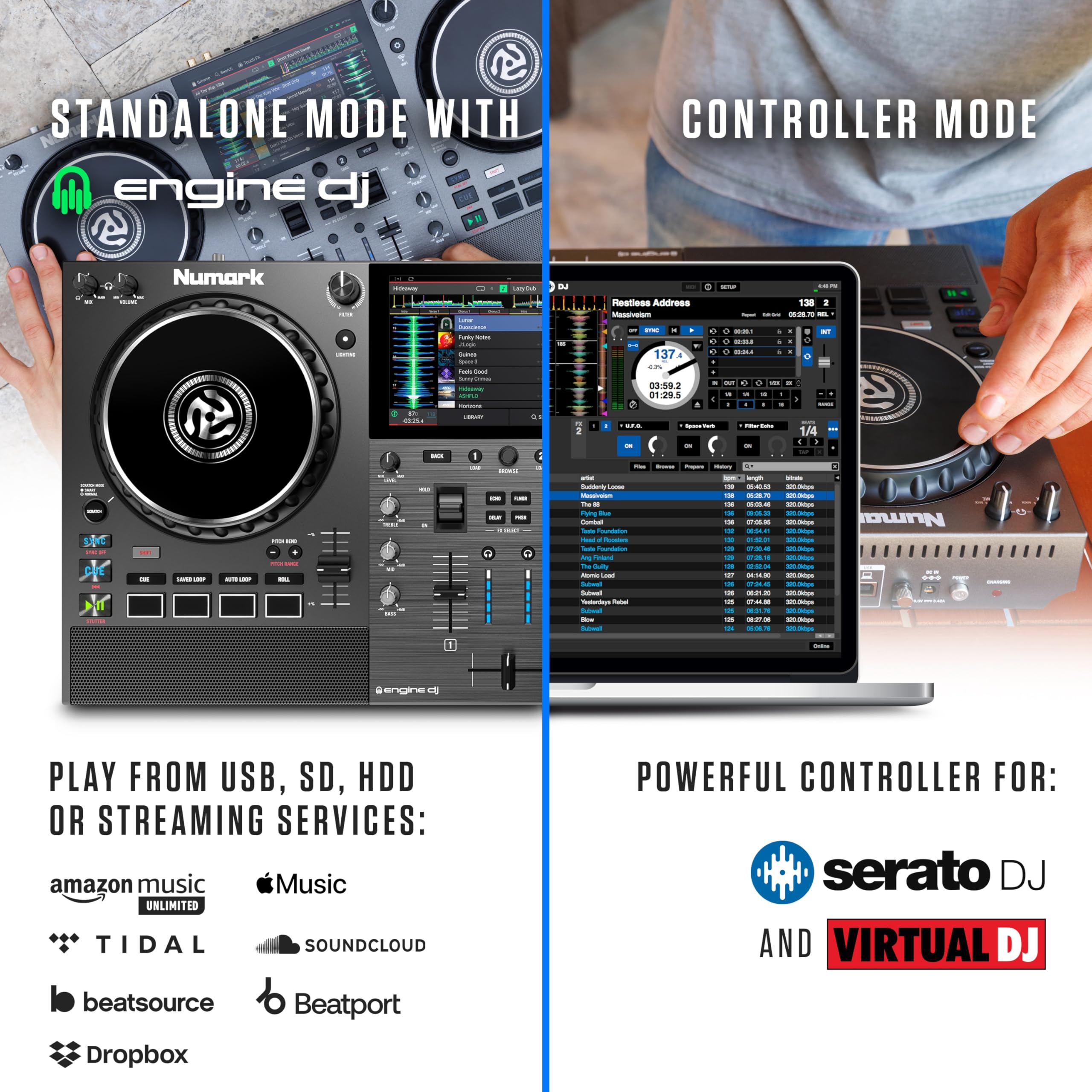 Numark Mixstream Pro Go Portable DJ Controller with Battery, Mixer with Stem Separation